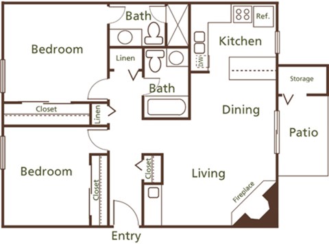 Floor plan for 2 beds, 2 baths, 1036 sqft